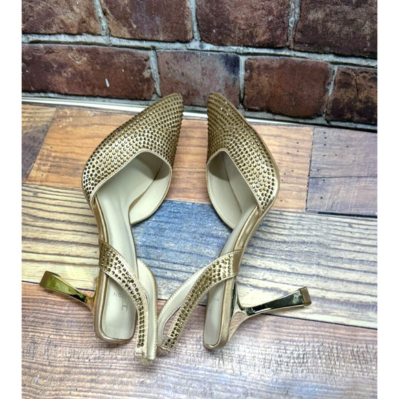 Halston Women's Hawaii Embellished Slingback Pointed Toe Heels Gold Rhinestone 8 - Picture 9 of 12